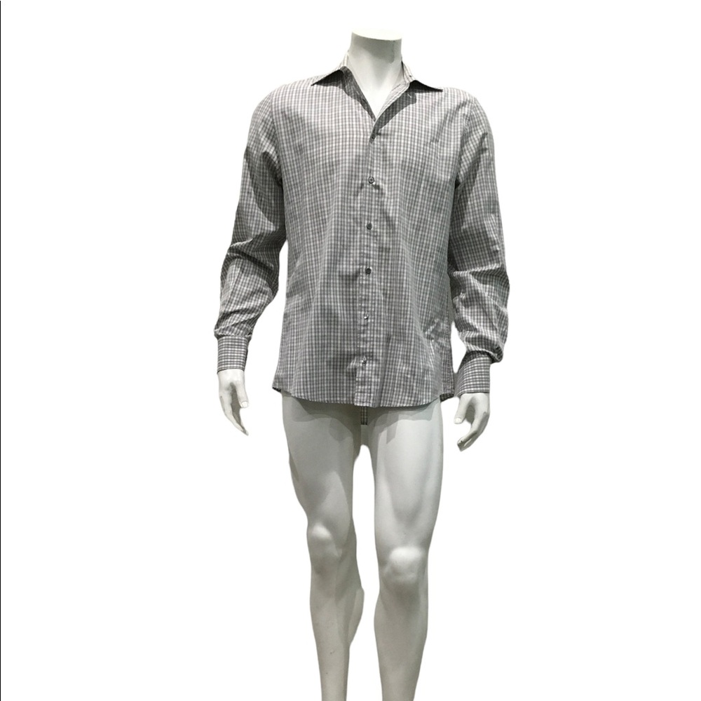 Gucci Mens Grey Check Plaid Fitted Dress Shirt